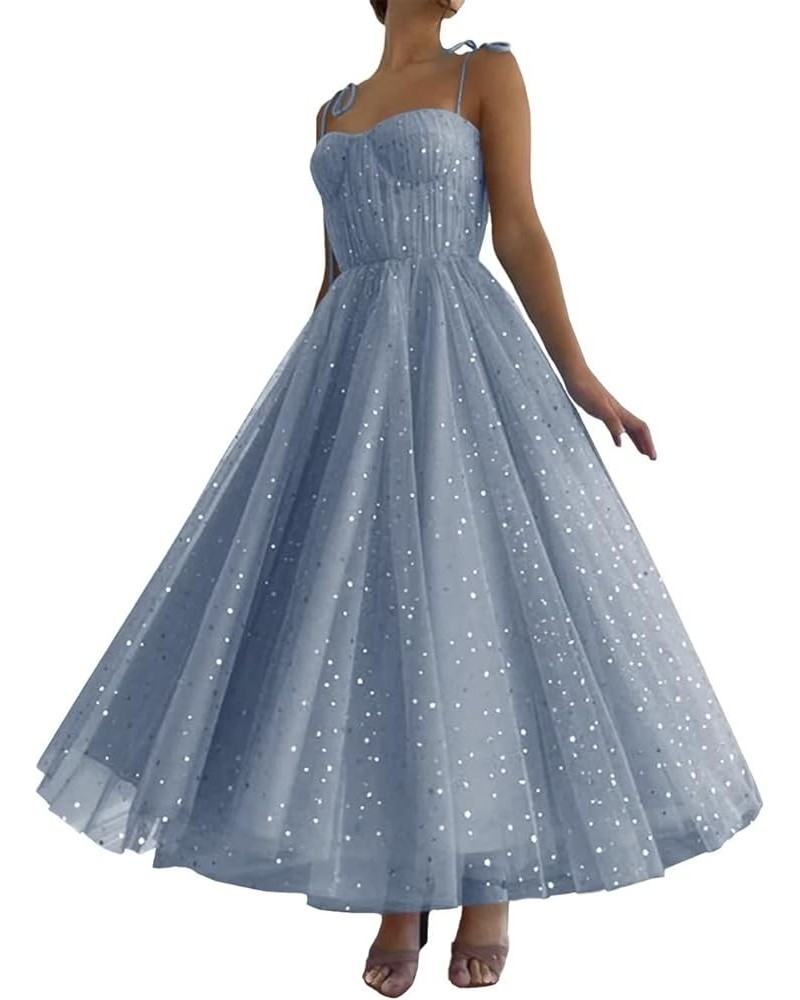 Women's Sparkle Starry Tulle Prom Dresses Tea Length Sweetheart Sleeveless Formal Evening Party Gowns Dusty Blue-tea Legth $3...