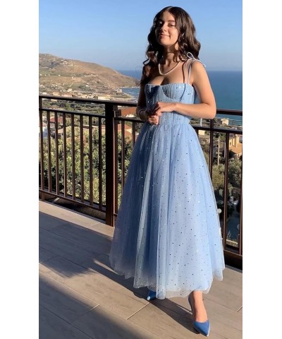 Women's Sparkle Starry Tulle Prom Dresses Tea Length Sweetheart Sleeveless Formal Evening Party Gowns Dusty Blue-tea Legth $3...