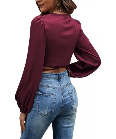 Women's Satin Wrap V Neck Criss Cross Tie Long Sleeve Crop Blouse Top Purplish Red $16.17 Blouses