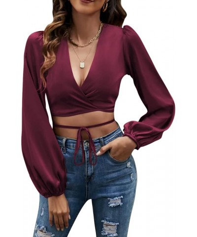 Women's Satin Wrap V Neck Criss Cross Tie Long Sleeve Crop Blouse Top Purplish Red $16.17 Blouses