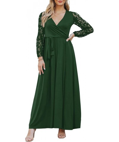 Elegant Maxi Dress for Women V Neck Lace Long Sleeve Bridesmaid Dresses with Belt Green $22.94 Dresses