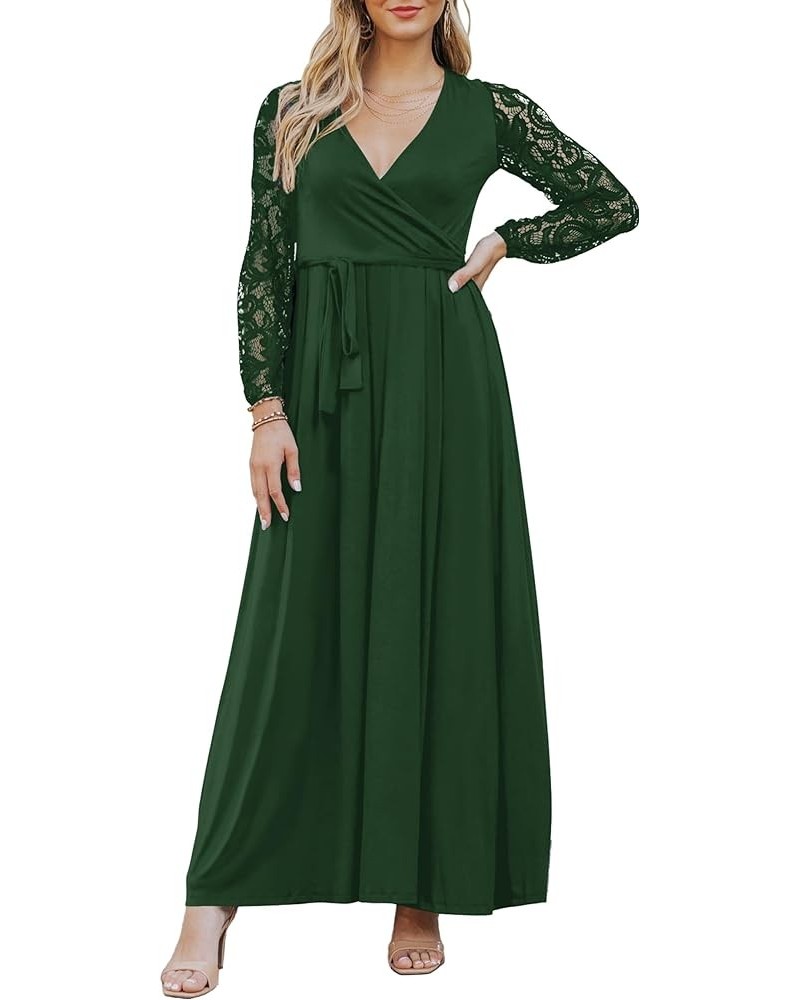 Elegant Maxi Dress for Women V Neck Lace Long Sleeve Bridesmaid Dresses with Belt Green $22.94 Dresses