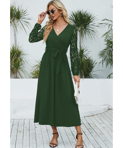 Elegant Maxi Dress for Women V Neck Lace Long Sleeve Bridesmaid Dresses with Belt Green $22.94 Dresses