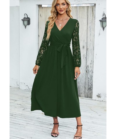 Elegant Maxi Dress for Women V Neck Lace Long Sleeve Bridesmaid Dresses with Belt Green $22.94 Dresses