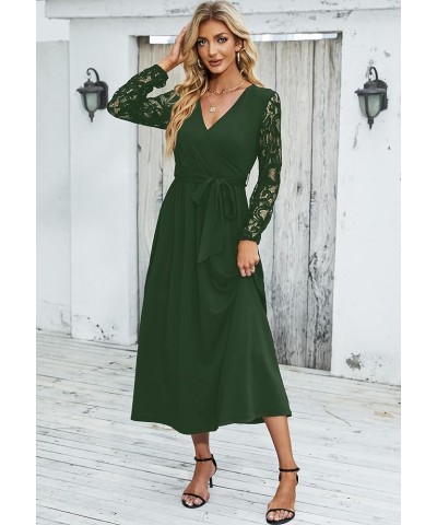 Elegant Maxi Dress for Women V Neck Lace Long Sleeve Bridesmaid Dresses with Belt Green $22.94 Dresses