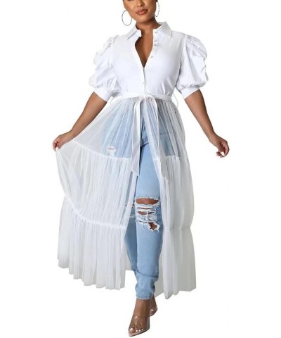 Women's Casual Mesh See Through Shirts Long Dresses with Belt V Neck Button Down Club Party Outfit 35white $24.35 Dresses