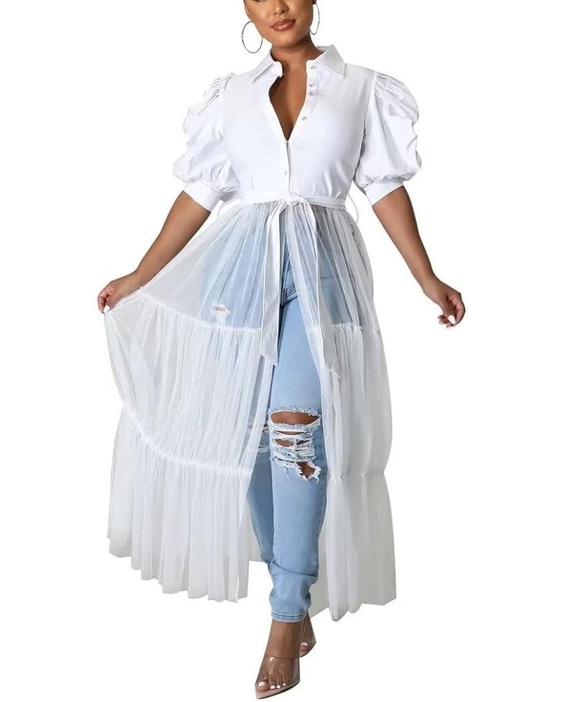 Women's Casual Mesh See Through Shirts Long Dresses with Belt V Neck Button Down Club Party Outfit 35white $24.35 Dresses