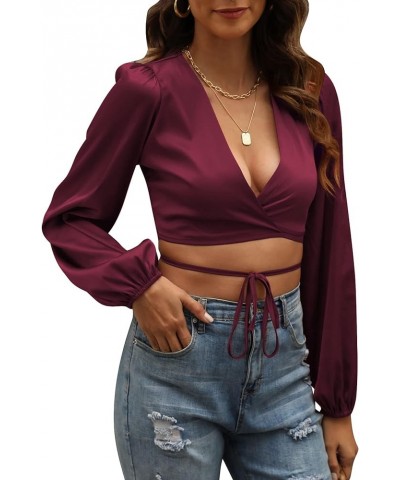 Women's Satin Wrap V Neck Criss Cross Tie Long Sleeve Crop Blouse Top Purplish Red $16.17 Blouses