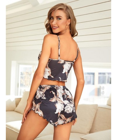 Women's Sexy Pajama Set Floral Print Lace Trim Cami Top and Shorts V Neck Ruffled Nightwear Sleepwear Black $9.00 Lingerie