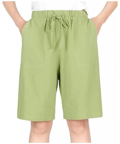 Women's Drawstring Linen Bermuda Shorts for Women Elastic Waist Summer Cotton Short Fruit Green $7.79 Shorts