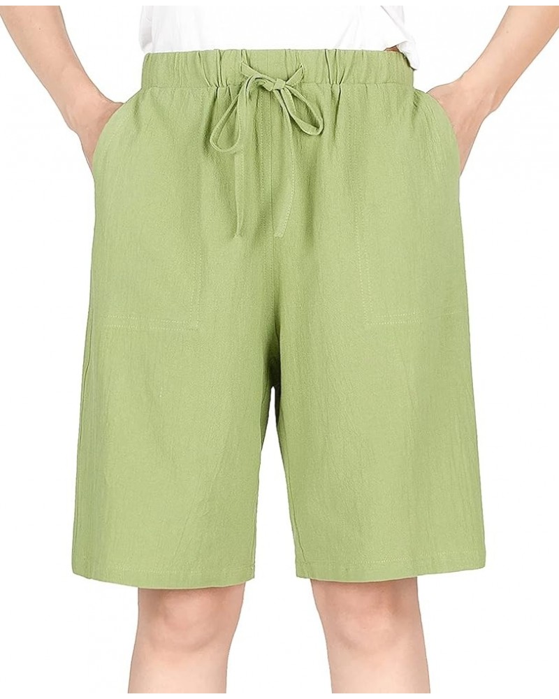 Women's Drawstring Linen Bermuda Shorts for Women Elastic Waist Summer Cotton Short Fruit Green $7.79 Shorts