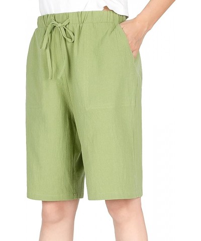 Women's Drawstring Linen Bermuda Shorts for Women Elastic Waist Summer Cotton Short Fruit Green $7.79 Shorts