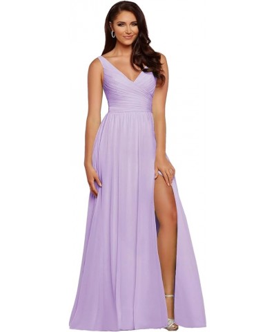 V-Neck Bridesmaid Dress Long with Slit Chiffon A-line Pleated Formal Dresses for Women WD1932P Lilac $24.79 Dresses