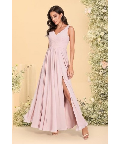 V-Neck Bridesmaid Dress Long with Slit Chiffon A-line Pleated Formal Dresses for Women WD1932P Lilac $24.79 Dresses