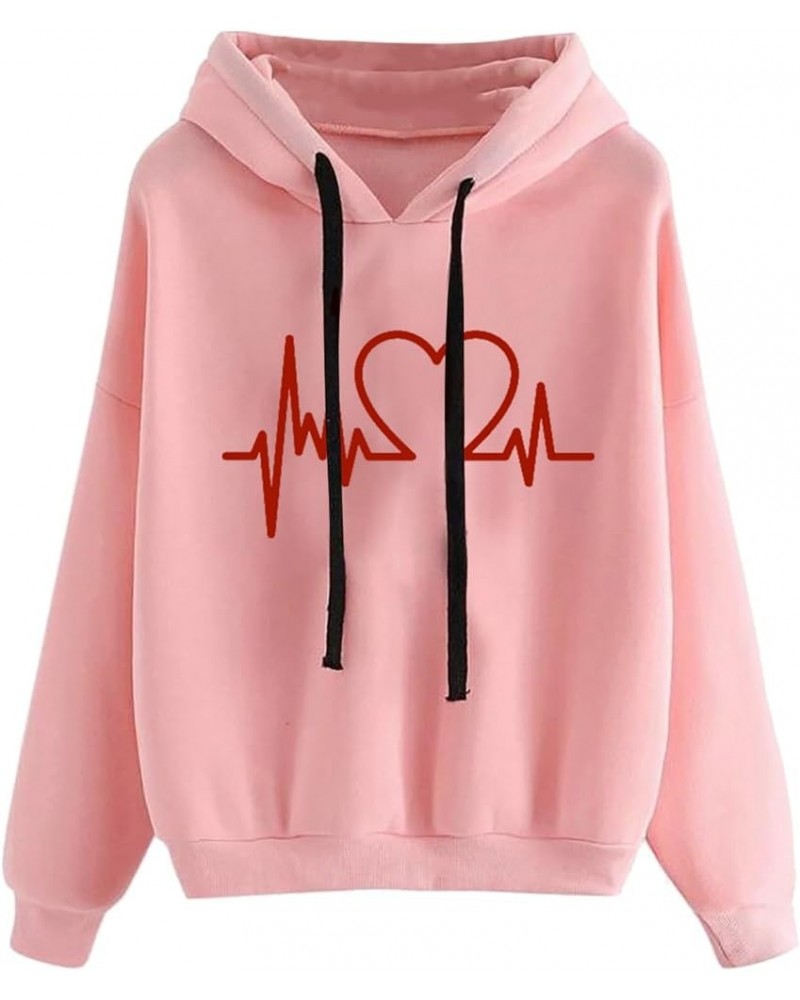 Women's Heart Print Hoodies Drawstring Long Sleeve Pullovers Tops Sweatshirts Fashion Loose Fit Comfy Fall Shirts A04_pink $3...