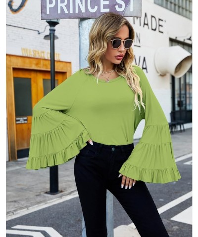 Women Casual Long Bell Sleeve Tops Loose Round Neck T Shirt Flare Sleeve Shirt Tops Grass Green $15.64 Blouses