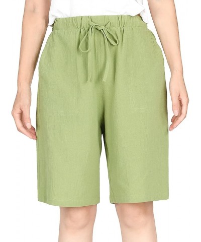 Women's Drawstring Linen Bermuda Shorts for Women Elastic Waist Summer Cotton Short Fruit Green $7.79 Shorts