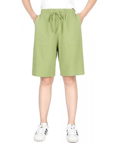 Women's Drawstring Linen Bermuda Shorts for Women Elastic Waist Summer Cotton Short Fruit Green $7.79 Shorts