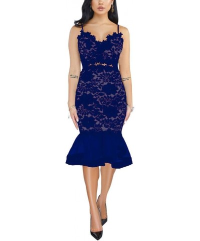 Women Sexy Floral Lace Mesh Sheer Hollow Out Deep V Neck Spaghetti Strap Bodycon Pencil Mermaid Midi Dress Blue $28.59 Dresses