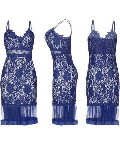 Women Sexy Floral Lace Mesh Sheer Hollow Out Deep V Neck Spaghetti Strap Bodycon Pencil Mermaid Midi Dress Blue $28.59 Dresses