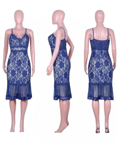 Women Sexy Floral Lace Mesh Sheer Hollow Out Deep V Neck Spaghetti Strap Bodycon Pencil Mermaid Midi Dress Blue $28.59 Dresses