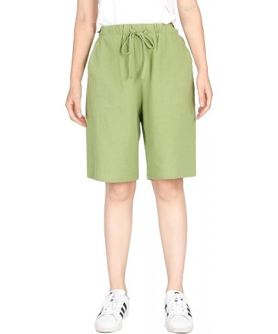 Women's Drawstring Linen Bermuda Shorts for Women Elastic Waist Summer Cotton Short Fruit Green $7.79 Shorts