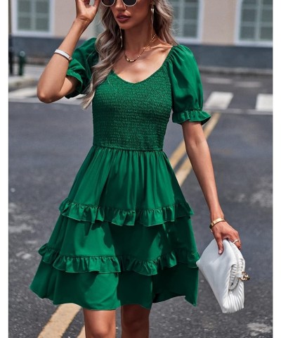 Women's Dresses Casual Summer Print Ruffle A Line Short Sleeve Mini Floral Dress for Women Solid Green $11.19 Dresses