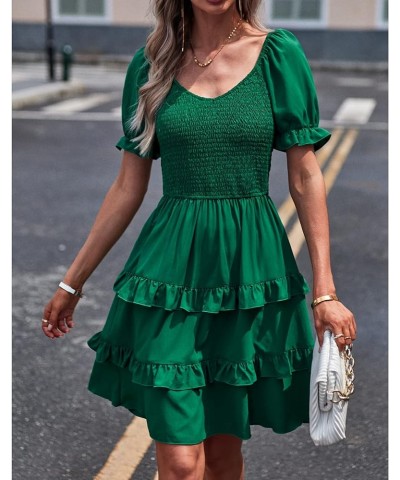 Women's Dresses Casual Summer Print Ruffle A Line Short Sleeve Mini Floral Dress for Women Solid Green $11.19 Dresses