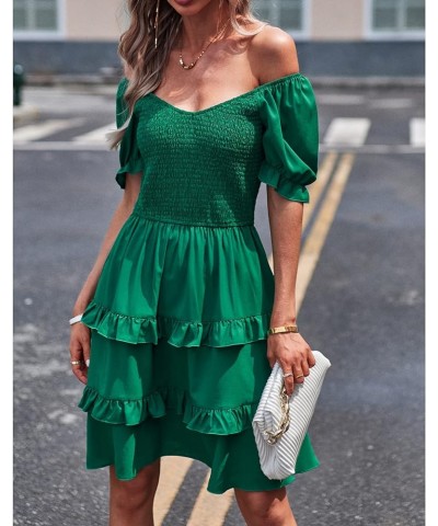 Women's Dresses Casual Summer Print Ruffle A Line Short Sleeve Mini Floral Dress for Women Solid Green $11.19 Dresses