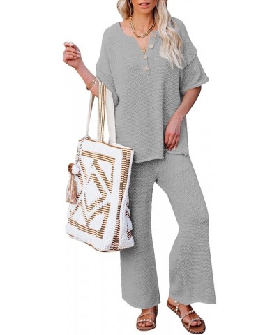 Women's 2 Piece Outfits Lounge Set Short Sleeve Button Blouse Wide Leg Pants Sweatsuit Gray $21.60 Activewear