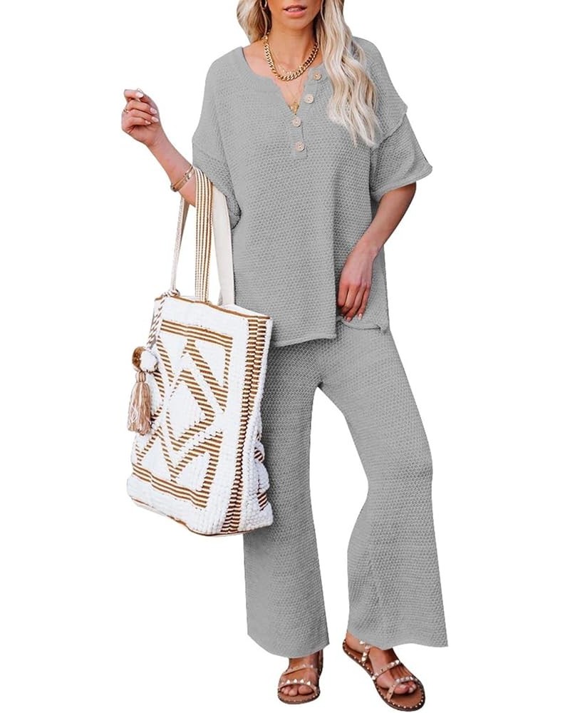 Women's 2 Piece Outfits Lounge Set Short Sleeve Button Blouse Wide Leg Pants Sweatsuit Gray $21.60 Activewear