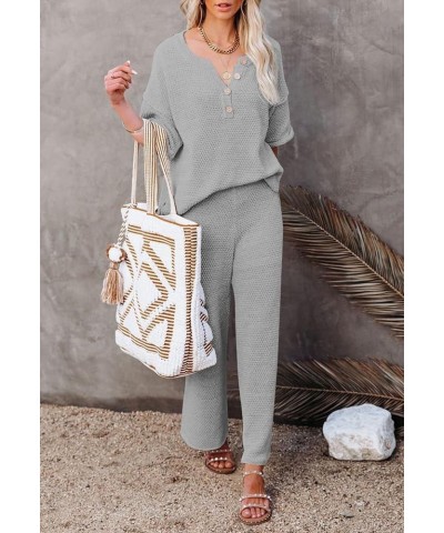 Women's 2 Piece Outfits Lounge Set Short Sleeve Button Blouse Wide Leg Pants Sweatsuit Gray $21.60 Activewear