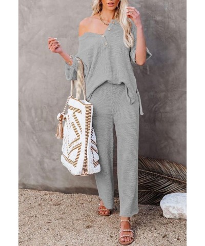 Women's 2 Piece Outfits Lounge Set Short Sleeve Button Blouse Wide Leg Pants Sweatsuit Gray $21.60 Activewear