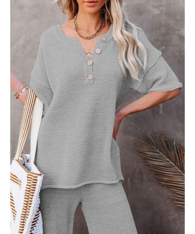 Women's 2 Piece Outfits Lounge Set Short Sleeve Button Blouse Wide Leg Pants Sweatsuit Gray $21.60 Activewear