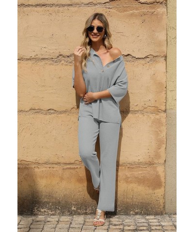 Women's 2 Piece Outfits Lounge Set Short Sleeve Button Blouse Wide Leg Pants Sweatsuit Gray $21.60 Activewear