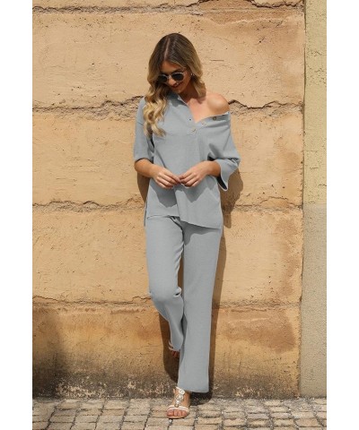 Women's 2 Piece Outfits Lounge Set Short Sleeve Button Blouse Wide Leg Pants Sweatsuit Gray $21.60 Activewear