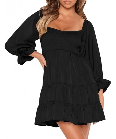 Women's Puff Sleeve Babydoll Dress Casual Square Neck Ruffle Smocked Waist Casual Mini Dress Black-b $21.65 Dresses