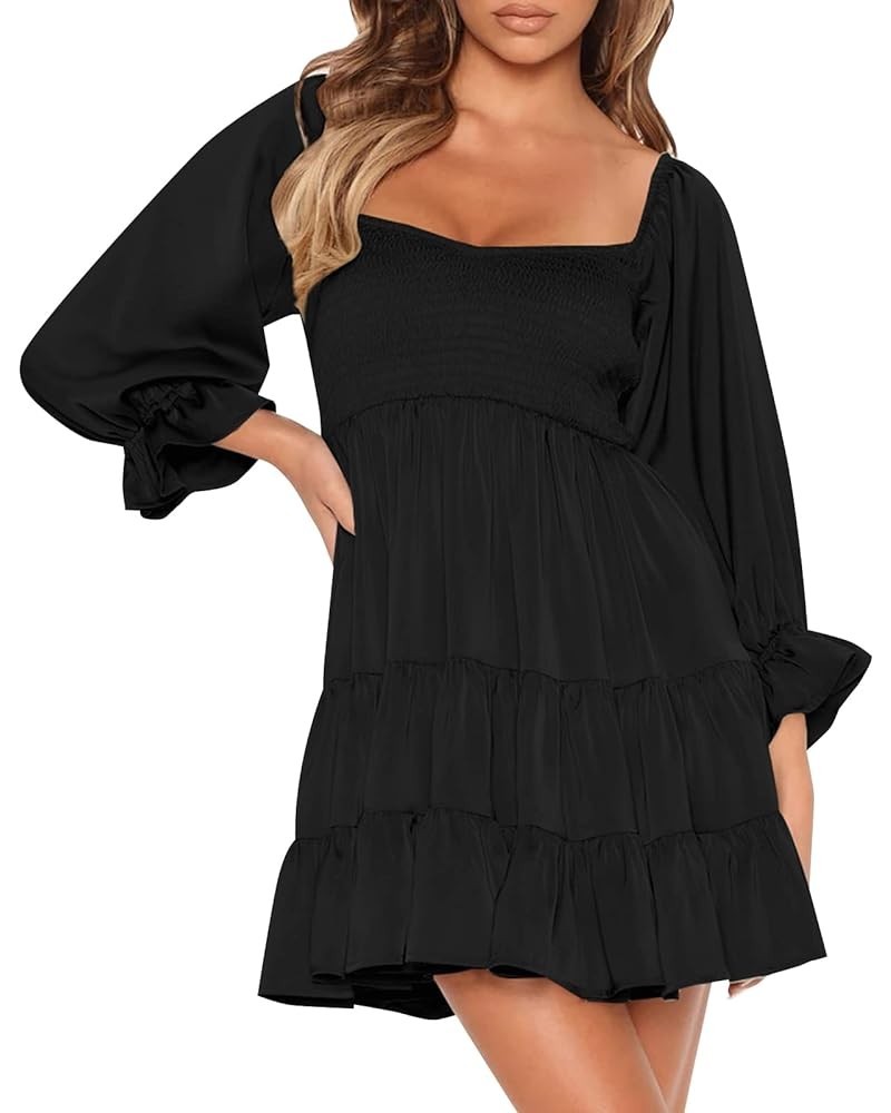 Women's Puff Sleeve Babydoll Dress Casual Square Neck Ruffle Smocked Waist Casual Mini Dress Black-b $21.65 Dresses