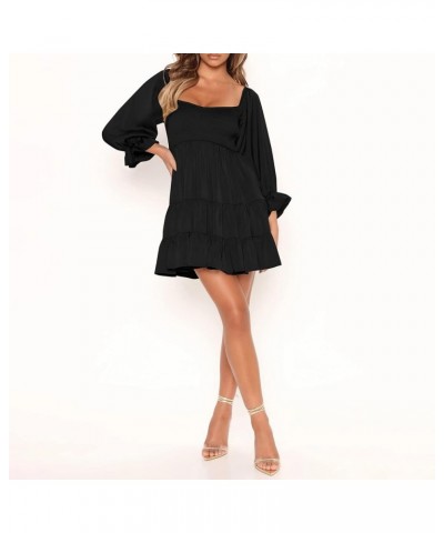 Women's Puff Sleeve Babydoll Dress Casual Square Neck Ruffle Smocked Waist Casual Mini Dress Black-b $21.65 Dresses