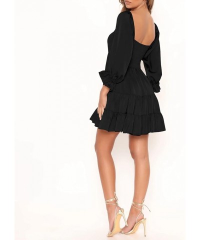 Women's Puff Sleeve Babydoll Dress Casual Square Neck Ruffle Smocked Waist Casual Mini Dress Black-b $21.65 Dresses