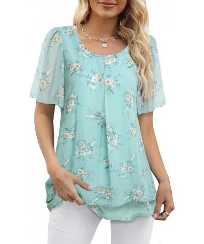 Women's Ruffle Short Sleeve Blouses Double-Layered Shirt Work Tunic Tops Multi-green $19.37 Tops