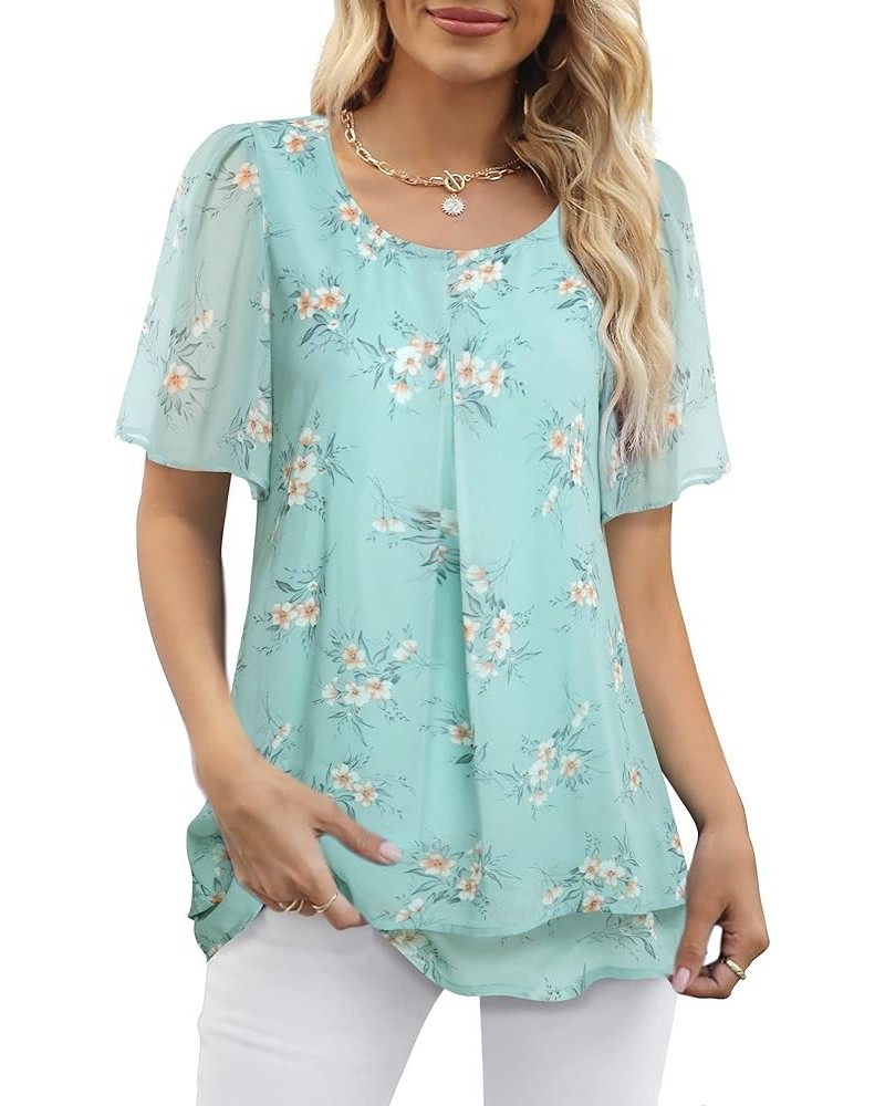 Women's Ruffle Short Sleeve Blouses Double-Layered Shirt Work Tunic Tops Multi-green $19.37 Tops