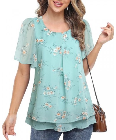 Women's Ruffle Short Sleeve Blouses Double-Layered Shirt Work Tunic Tops Multi-green $19.37 Tops