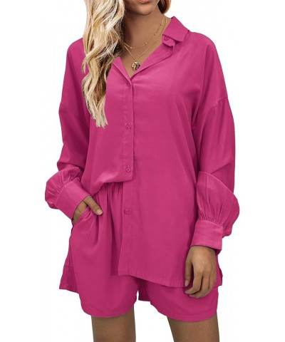 Pajamas Womens 2 Piece Matching Lounge Set Casual Long Sleeve Button Down Shirt and Shorts Pjs Sleepwear Set S-XXL Rose $12.6...