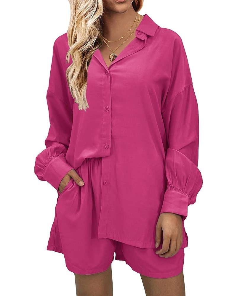 Pajamas Womens 2 Piece Matching Lounge Set Casual Long Sleeve Button Down Shirt and Shorts Pjs Sleepwear Set S-XXL Rose $12.6...