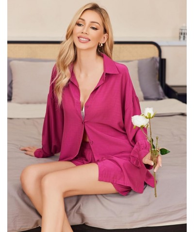 Pajamas Womens 2 Piece Matching Lounge Set Casual Long Sleeve Button Down Shirt and Shorts Pjs Sleepwear Set S-XXL Rose $12.6...