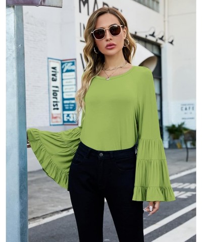 Women Casual Long Bell Sleeve Tops Loose Round Neck T Shirt Flare Sleeve Shirt Tops Grass Green $15.64 Blouses