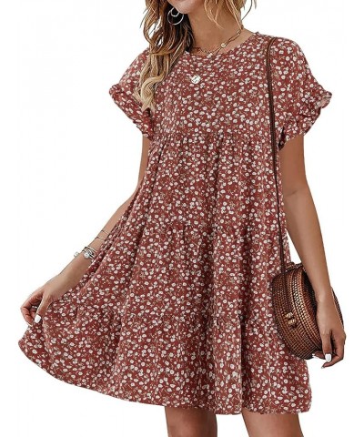 Womens Boho Floral Printed Babydoll Ruffles Casual Loose Short Mini T-Shirt Dress Rust $8.79 Dresses