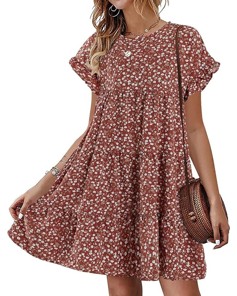 Womens Boho Floral Printed Babydoll Ruffles Casual Loose Short Mini T-Shirt Dress Rust $8.79 Dresses