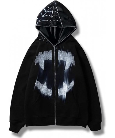 Womens Men Rhinestone Skeleton Hoodies Y2k Full Zip Up Over Face Gothic Skull Graphic Printed Oversized Jacket Cool Black 099...